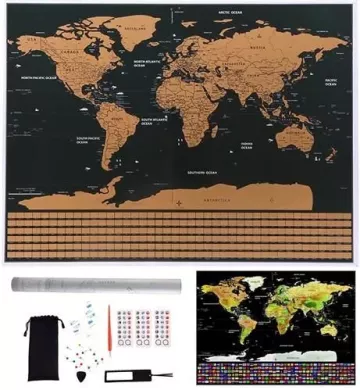 Stírací mapa světa světa s vlajkami a doplňky + dárkový tubus - 82 x 59 cm - Malatec